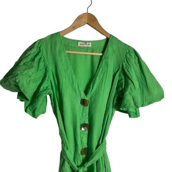 Nicholas Troy Green Linen Button Front Tie Waist Short Sleeve Dress Size 4 - Picture 4 of 12